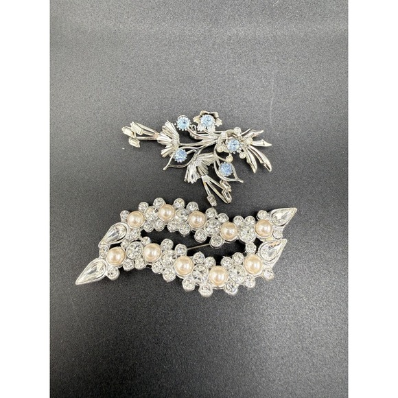 Estate Jewelry - Vintage Brooch Lot Of 2 Rhinestone Faux Pearl Silver Tone